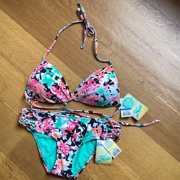 HOBIE Tropical Pink/Green/Blue Floral Push-Up Bikini Set XL Top Medium Bottom - Picture 2 of 12